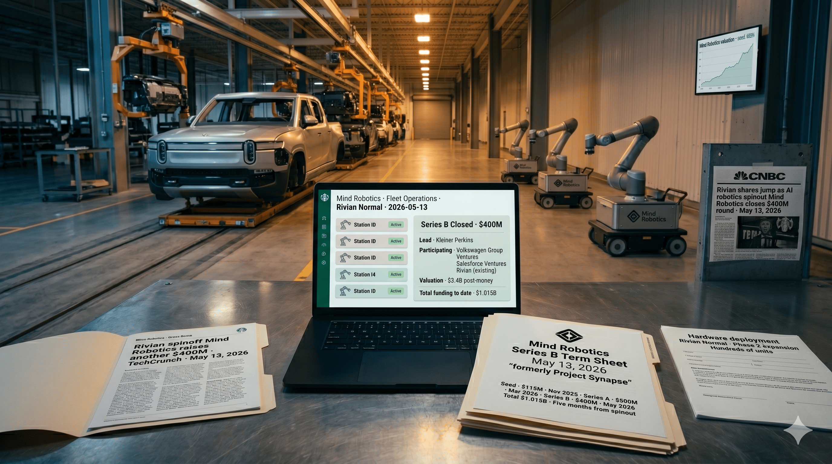 Mind Robotics, May 13: Rivian CEO RJ Scaringe's 「Side」 Robot Company Raises $400M Series B at $3.4B Valuation — Total Funding Past $1B in <5 Months Since Spinout, Kleiner Perkins Leads with Volkswagen Group and Salesforce Ventures Along for the Ride, Hundreds of Units Already Deployed Inside the Normal, IL Plant That Builds R1Ts